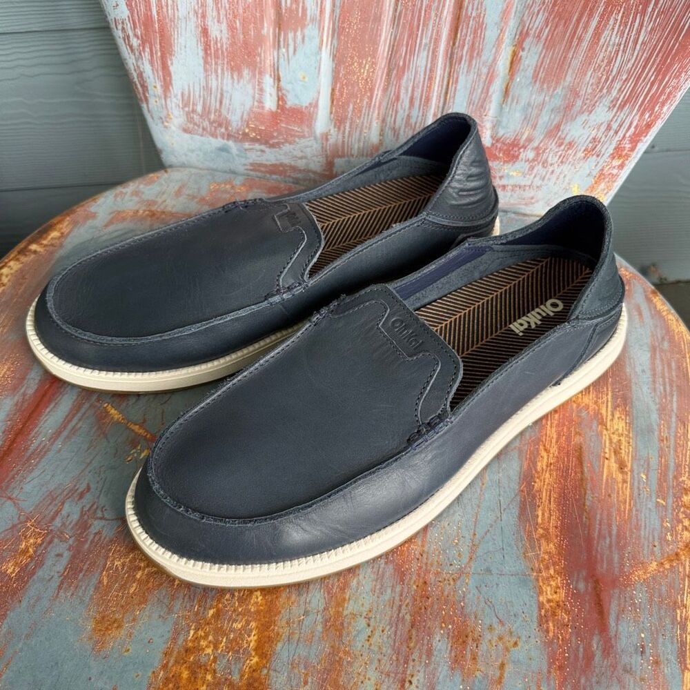OluKai Kākaha Nia Men's Leather Slip On Loafers Mood Indigo Blue Size 13